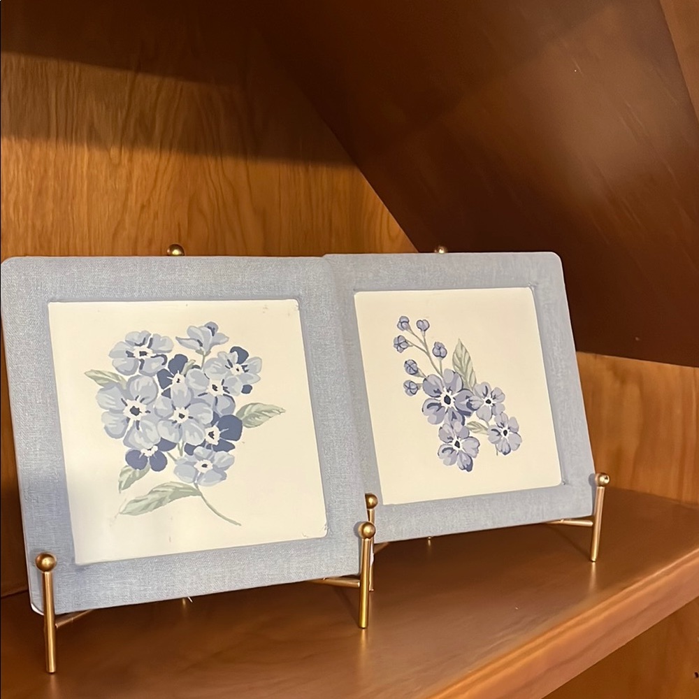 At Home Providence Blue & White Floral prints on Gold Easel - Set of 2